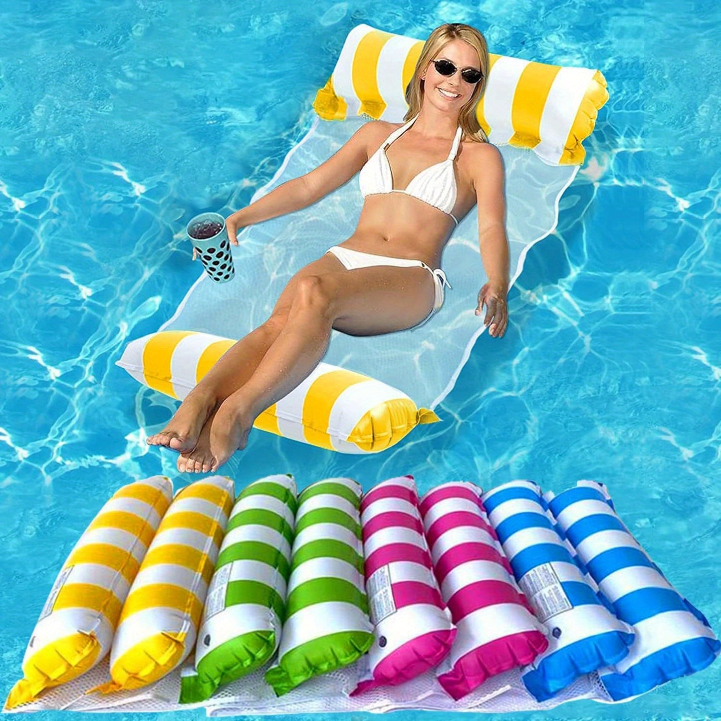 Kleurrijke 4-in-1 Draagbare Waterhangmat voor Volwassenen - Veelzijdige PVC Zwembad Drijver met Zadel, Loungestoel en Drifter Functies, Ideaal voor Reizen & Familie Zwemtijd