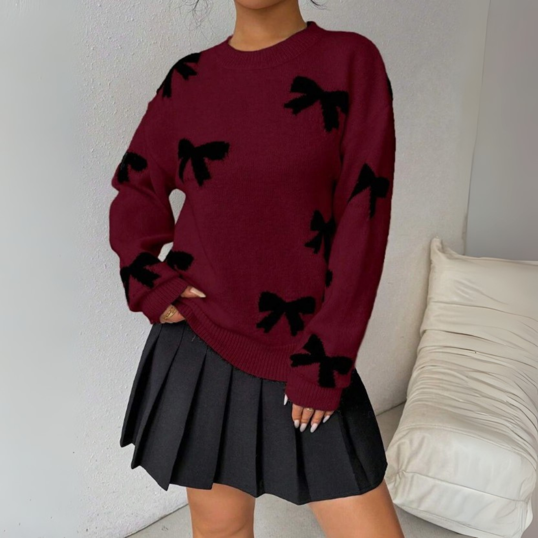 VISAYâ„¢ - Comfy Bow Print Pullover Sweater