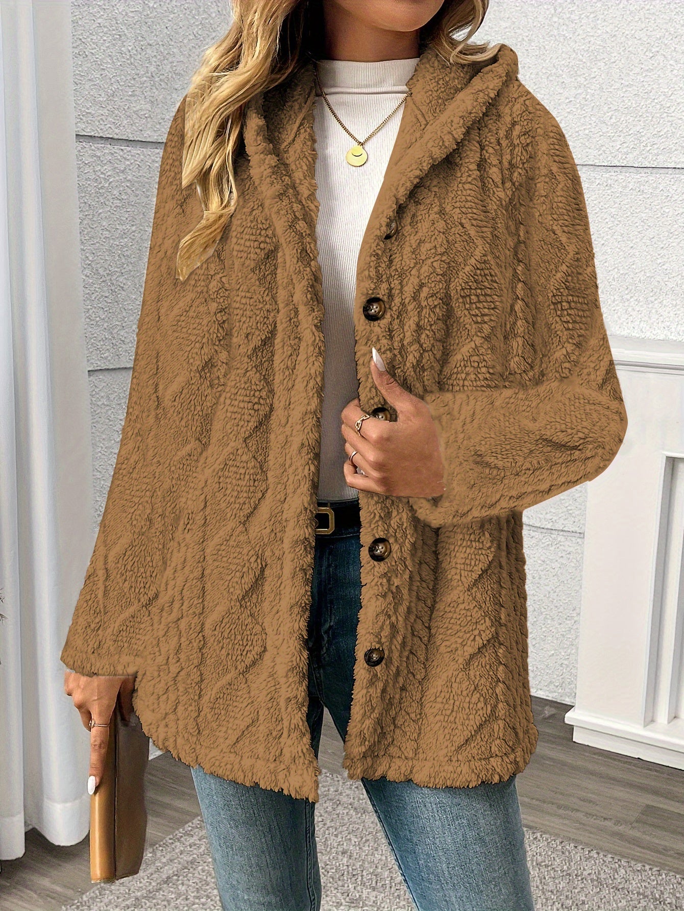 Arlette™ | Plush Rhombus-Texture Hooded Teddy Jacket
