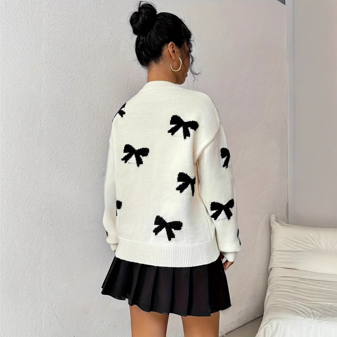 VISAYâ„¢ - Comfy Bow Print Pullover Sweater