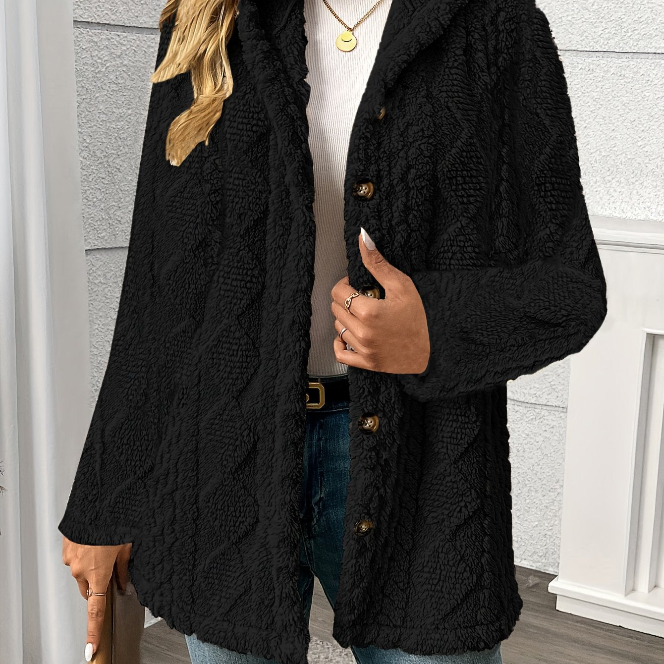 Arlette™ | Plush Rhombus-Texture Hooded Teddy Jacket
