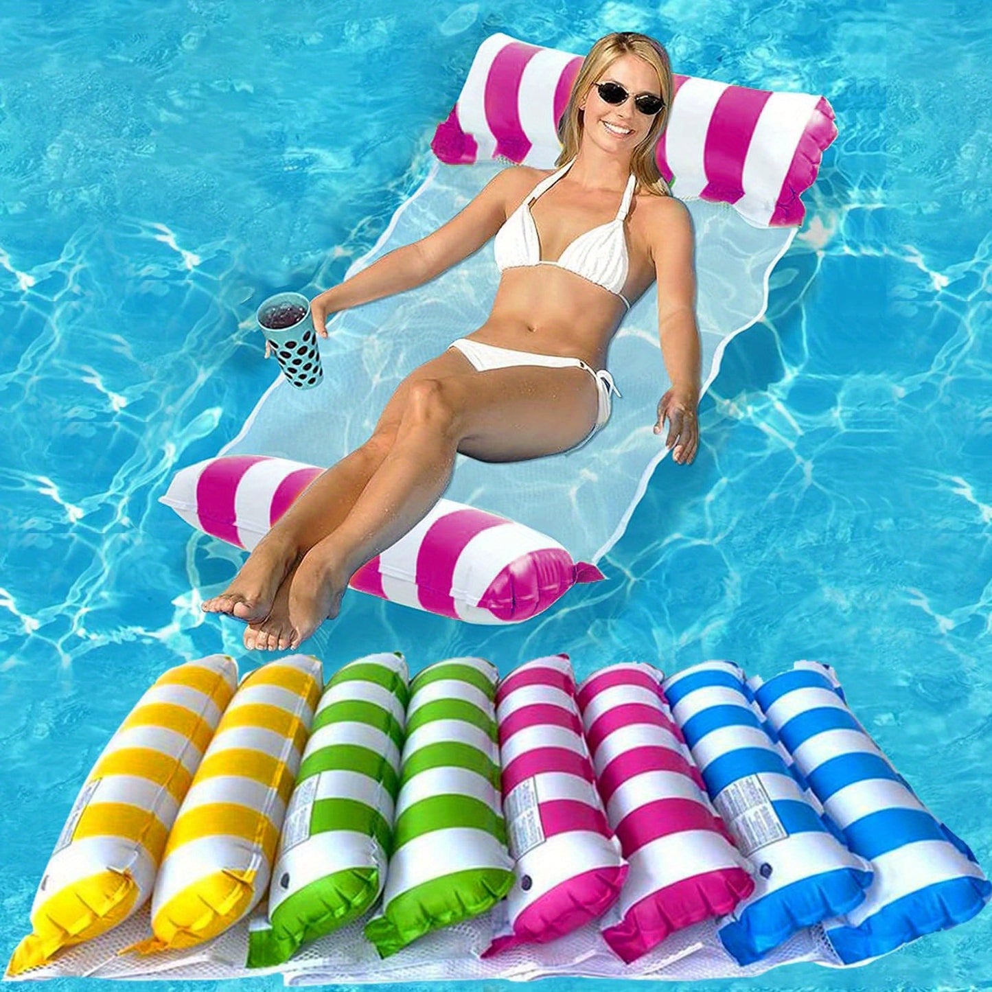 Kleurrijke 4-in-1 Draagbare Waterhangmat voor Volwassenen - Veelzijdige PVC Zwembad Drijver met Zadel, Loungestoel en Drifter Functies, Ideaal voor Reizen & Familie Zwemtijd