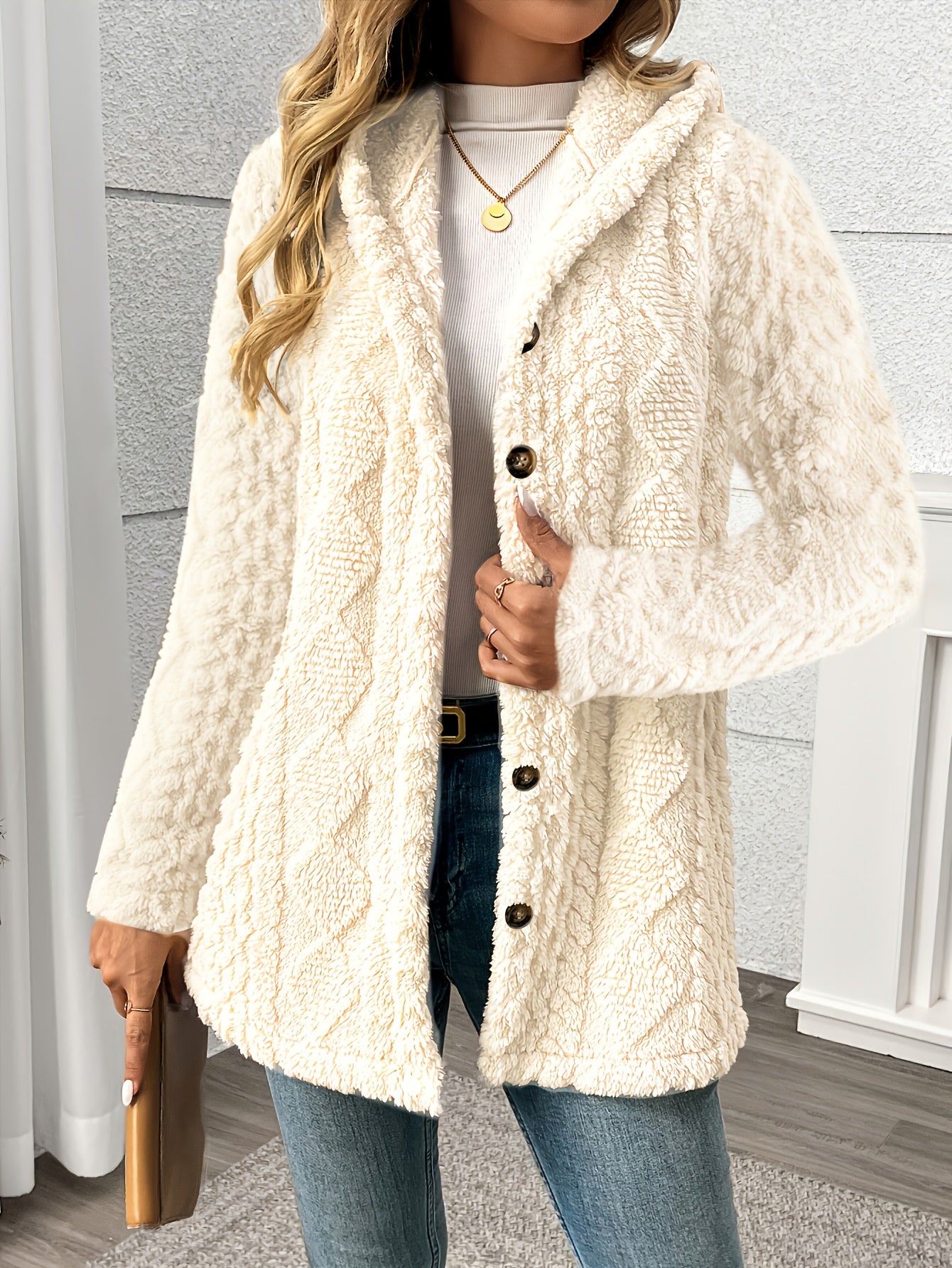 Arlette™ | Plush Rhombus-Texture Hooded Teddy Jacket