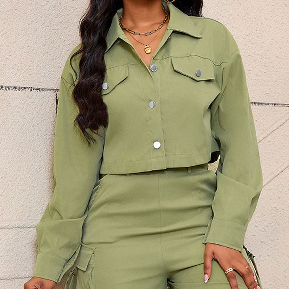 VELMAâ„¢ - Casual Button Down long Sleeve Crop Jacket