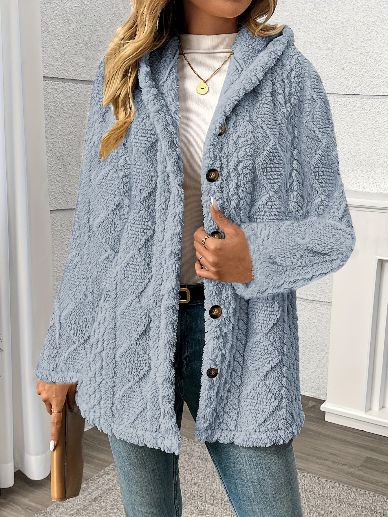 Arlette™ | Plush Rhombus-Texture Hooded Teddy Jacket