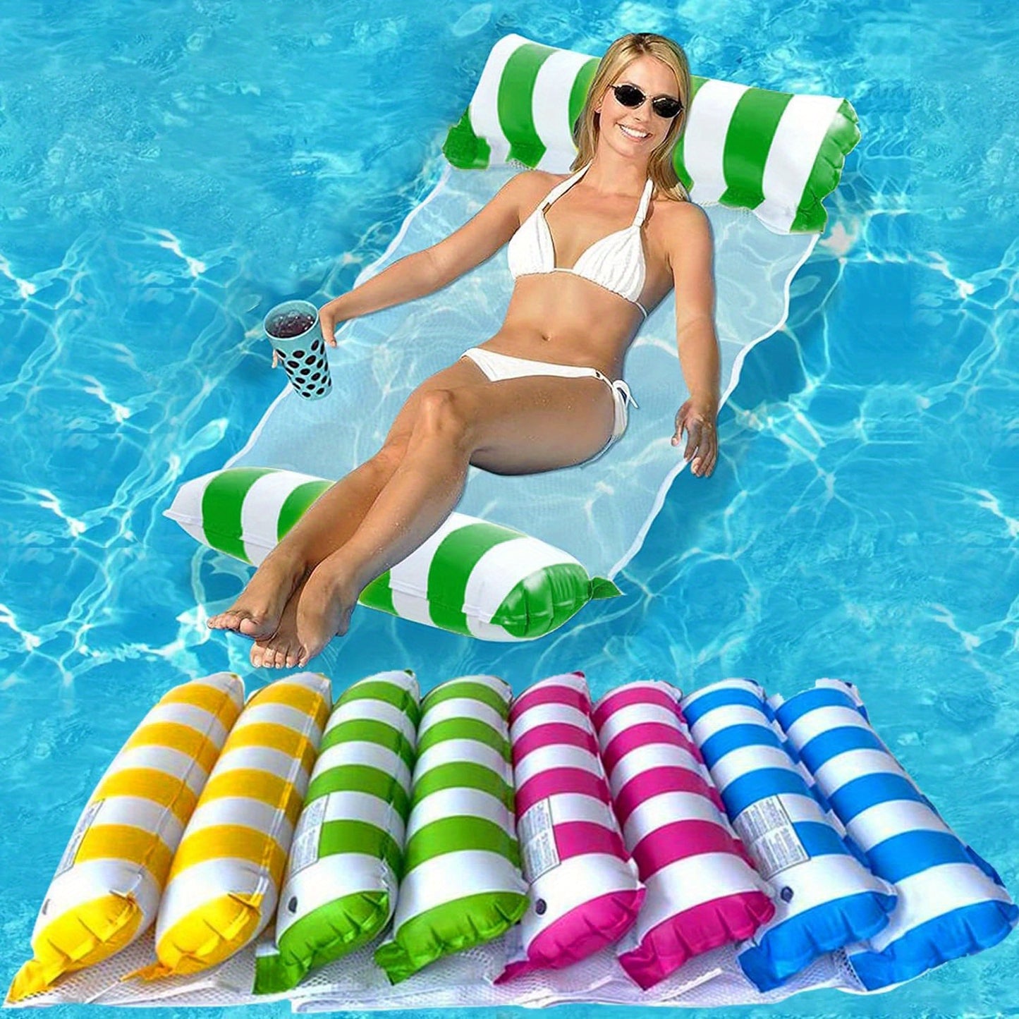 Kleurrijke 4-in-1 Draagbare Waterhangmat voor Volwassenen - Veelzijdige PVC Zwembad Drijver met Zadel, Loungestoel en Drifter Functies, Ideaal voor Reizen & Familie Zwemtijd