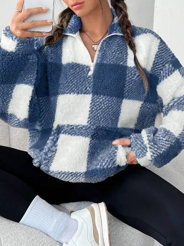 MALDAâ„¢ - Chic Plaid Print Half Zip Long Sleeve Sweater