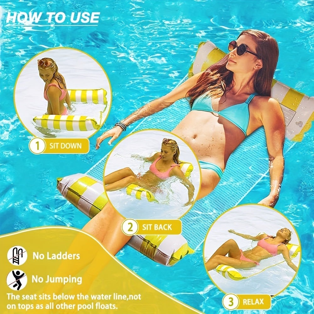 Kleurrijke 4-in-1 Draagbare Waterhangmat voor Volwassenen - Veelzijdige PVC Zwembad Drijver met Zadel, Loungestoel en Drifter Functies, Ideaal voor Reizen & Familie Zwemtijd