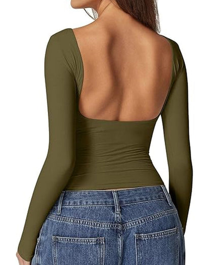 Women's Sexy Open Back Seamless Turtleneck Double Lined Slim Fit Long Sleeve Top