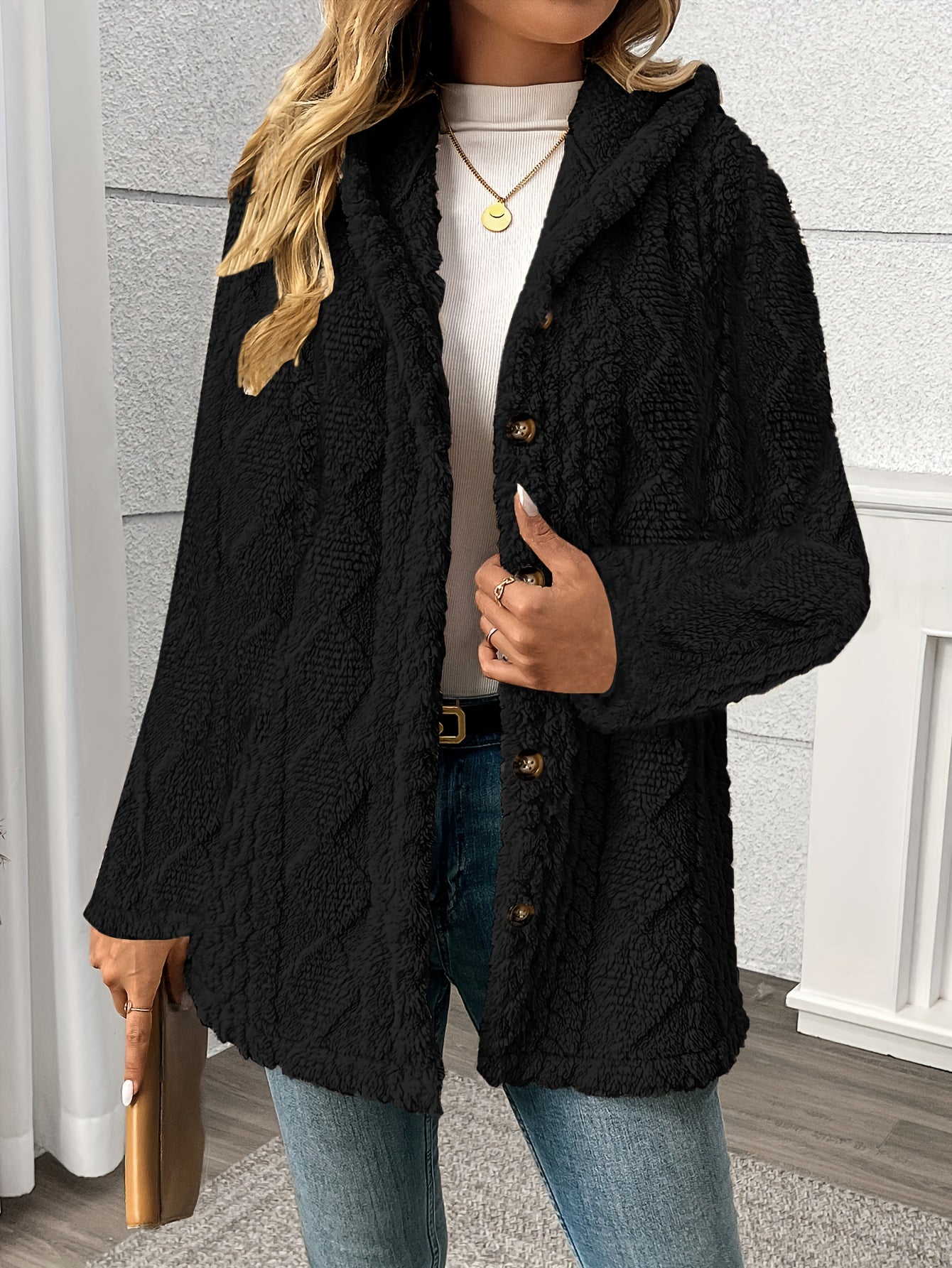 Arlette™ | Plush Rhombus-Texture Hooded Teddy Jacket