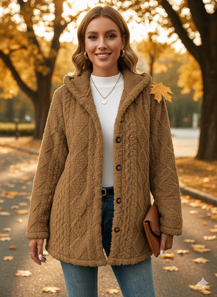 Arlette™ | Plush Rhombus-Texture Hooded Teddy Jacket