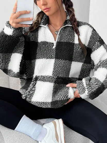 MALDA™ - Chic Plaid Print Half Zip Long Sleeve Sweater